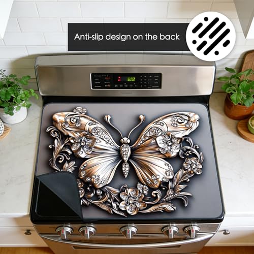 Image of Nuxovilar Gilded Butterfly Stove Cover Diatom Mud 28.65x20.47 In | Glass Protector Countertop Mat Counter Saver Cooktop Cover Kitchen Elegant Cooking Room (Diamond Butterfly)