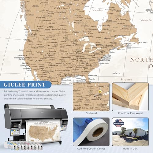 Image of IPIC - Vintage World Map & USA Map Canvas Wall Art Set of 2, Travel Wall Decor with Pins Included, Ready to Hang for Office or Living Room, 30x24 Inch