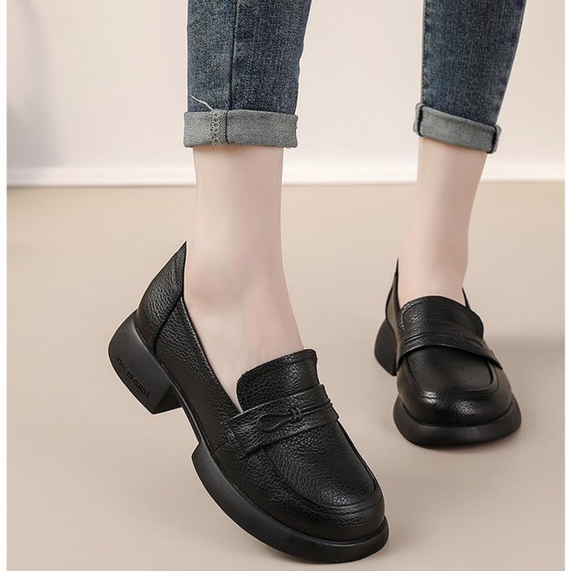 Image of Women's Penny Loafers Low Chunky Heel Black Leather Dress Shoes for Work US Size 7.5-8