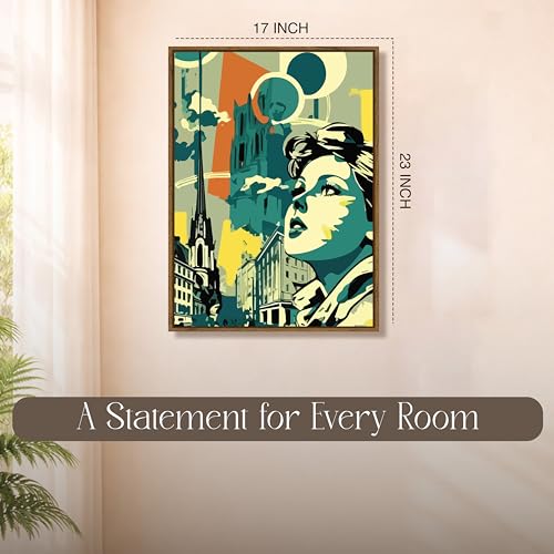 Image of Retro Woman Portrait Pop Framed Canvas Painting For Living Room | Abstract City Girl Wall Art For Livingroom Wall Decor, Home Decor, Bedroom, Hallway's, Office, Hotel - 43x58 cm