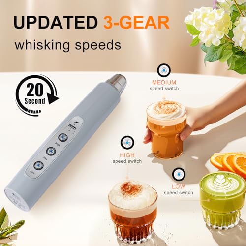Image of YUSWKO Handheld Milk Frother for Coffee, Rechargeable Drink Mixer with 3 Heads 3 Speeds Electric Whisk Coffee Frother For Latte, Cappuccino, Hot Chocolate, Egg - Cement Gray