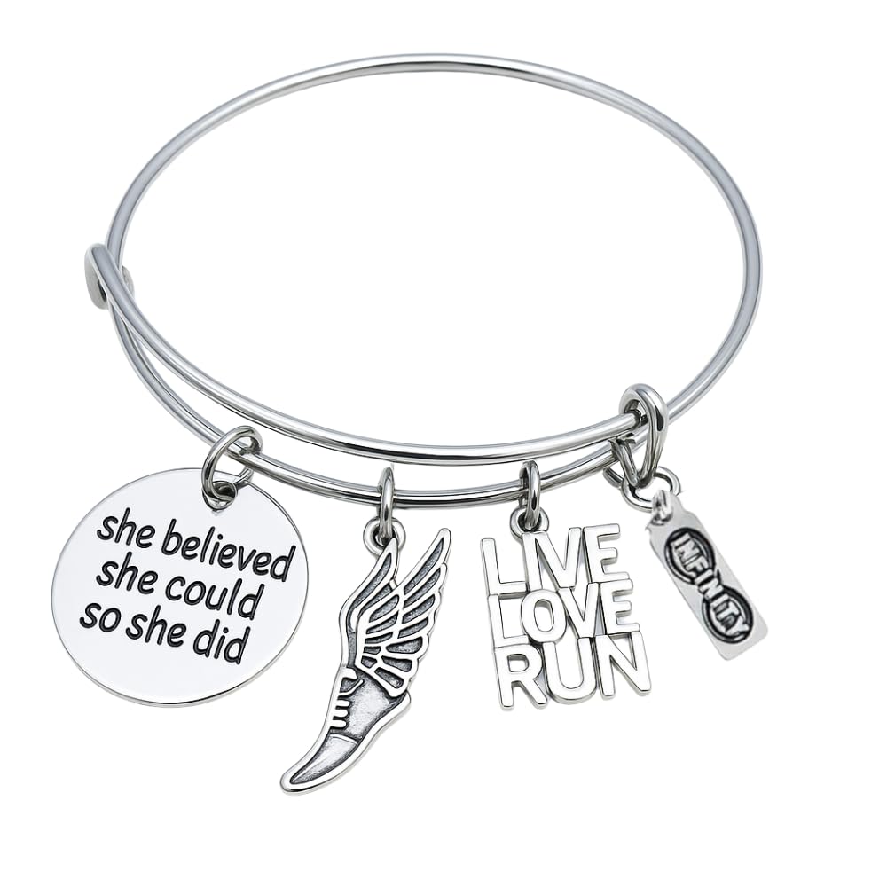 Runner Charm Bracelet – She Believed She Could So She Did Running Jewelry with Wing & Live Love Run Charms – Inspirational Gift for Runners, Track