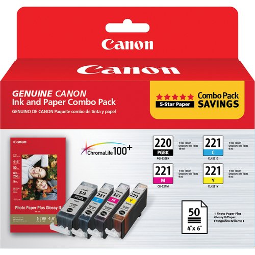 Canon 2945B011 PGI-220 and CLI-221 CMY Ink with PP-201 (50 Sheets) Combo Pack,Cyan, Magenta, Yellow, Black