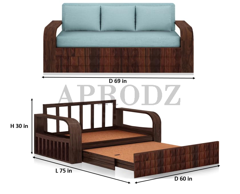 Image of APRODZ Solid Sheesham Wood Sofa Cum Bed 3 Seater Velevt Fabric with Cushions Perfect Sofa Furniture for Home Living Office Room and Guests (Walnut Finish 75x69x30-Inch)