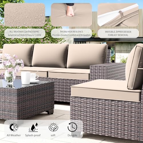 Image of 6 PCS Outdoor Patio Furniture Set,Outdoor Sectional Furniture All Weather PE Rattan Wicker Patio Conversation Set with Coffee Table and 5 Thickened Cushions,Sand