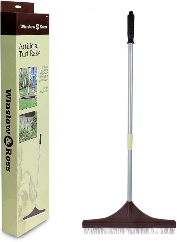 WINSLOW & ROSS Artificial Grass Rake Astro Turf Rake with Telescopic Handle & Soft Nylon Brush