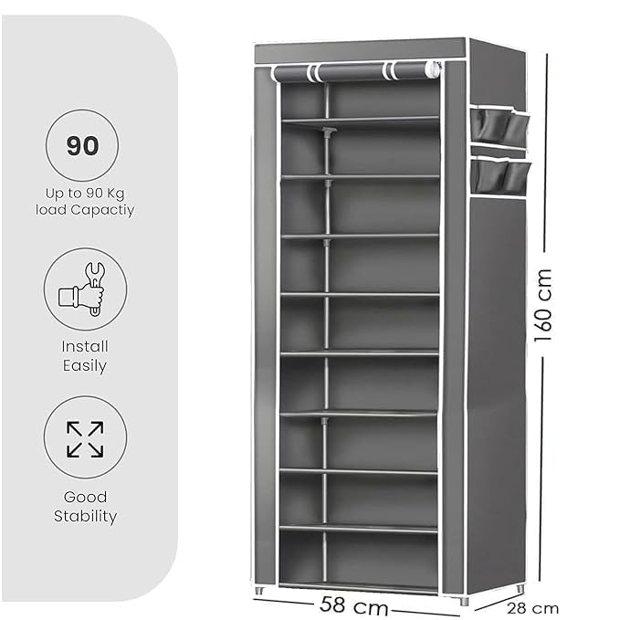 Image of Bagnizer Collapsible Wardrobe Printed Cover 6 Shelves Storage Clothes Storage Rack -Great Kitchen Storage QuickWardrobe Organizer Storage Rack Foldable Collapsible (Gray)