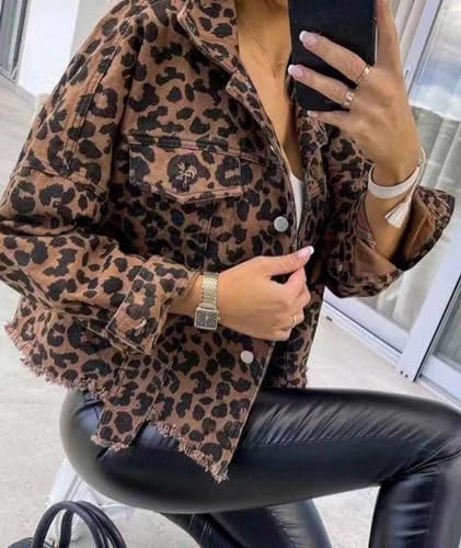 xxxiticat Women's Leopard Print Denim Jacket Long Sleeve Animal Printed Raw Hem Button Down Cropped Jean Coat Outerwear2