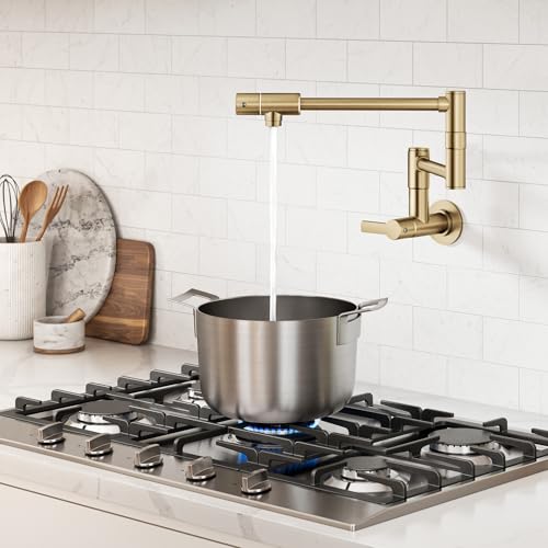 Image of KRAUS Oletto Pot Filler Faucet with Retractable Arm, Wall Mount Kitchen Faucet, Pot Filler for Stove in Spot-Free Brushed Brass, KPF-5001SFBB