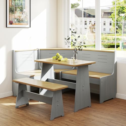 Breakfast Nook Corner Dining Table Kitchen Bench Chair Set, Space-Saving 3-5 People Seat Reversible L-Shape for Family Home Grey Wood