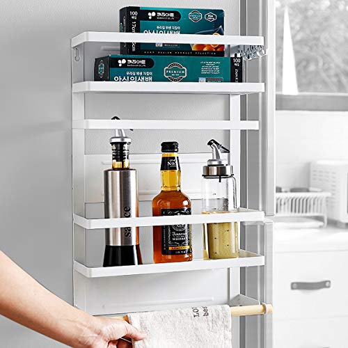 Winnprime Magnetic Fridge Spice Rack Organizer with 5 Utility Hooks, 4 Tier Magnetic