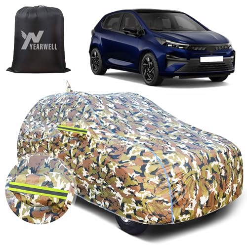 Image of Car Body Cover for Tata Altroz, 100% Waterproof with Mirror & Antenna Pockets, Military Print Design, UV & Dust Protection, Triple Stitched, Sky Piping & Reflector (Jungle Print)