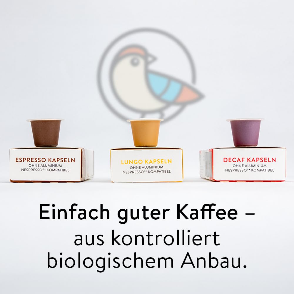 earlybird coffee – Bio Decaf Kaffeekapseln 100 Stück Vorratspack – kompatibel mit Nespresso, nussig-intensiv, heimkompostierbar – aluminiumfreie Bio Kapseln – schonend entkoffeiniert im H₂O-Verfahren