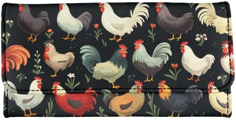 Rooster Chicken Womens Leather Wallets Farm House Theme Large Capacity Money Manager Tri-fold Clutch French Countryside Chicken Wallet with ID Card Transparent Slot - Image 2