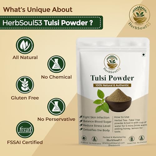 Image of Tulsi Leaf Powder 100 Gram Organic Holy Basil Powder For Health Skin & Hair | Supports Immunity, Digestion, Cold Cough Relief, Acne Care | Ayurvedic, Tulasi Leaf No Added Preservatives