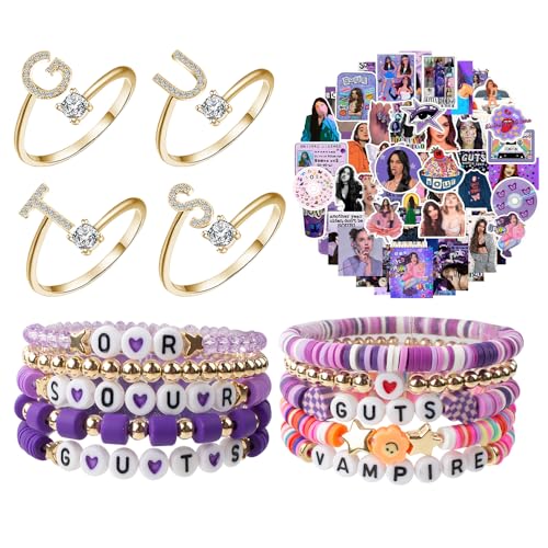 Vmxlso Olivia Merch, set Olivia Merchandise con 10 braccialetti dell'amicizia, anelli G-U-T-S, adesivi viola, concetto di album per fan e donne e ragazze, regalo per outfit da tour