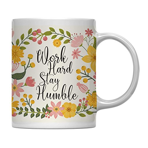Andaz Press 11oz. Floral Flowers with Motivational Quote Coffee Mug Gift, Work Hard Stay Humble, 1-Pack, Inspirational Gift for Her