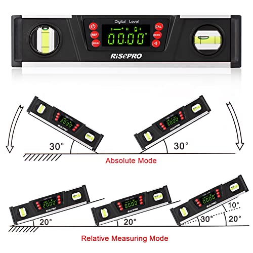 Digitale magnetische Wasserwaage und Winkelmesser – RISEPRO 10 Zoll IP54-geschützter elektronischer Blasen-Neigungsmesser, Winkelsucher, Messgerät mit großem VA-Display und Sockel mit V-Nut DL135-B