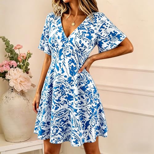 Casual Summer Dresses for Women Short Sleeve V Neck A Line Floral Mini Dress Flowy Beach Vacation Sundresses 2026 Blue — view 2