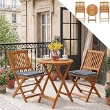 GOPLUS Salon de Jardin Exterieur 2 Personnes, Table Bistrot en Bois Acacia avec 2 Chaises 2 Coussins Amovibles, 3PCS Table Balcon 2 Places Pliante pour Terrasse, Cours (Gris)