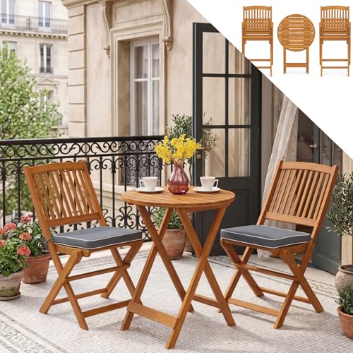 GOPLUS Salon de Jardin Exterieur 2 Personnes, Table Bistrot en Bois Acacia avec 2 Chaises 2 Coussins Amovibles, 3PCS Table Balcon 2 Places Pliante pour...
