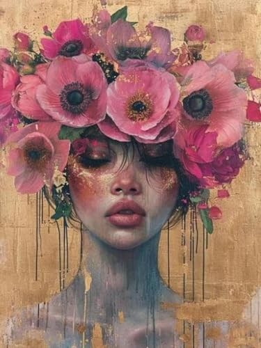 Tableau femme fleurs mystiques et dorées, affiche artistique poétique pour maison sereine