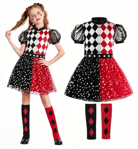 ReliBeauty girls clown Halloween costume size 8 with colour-blocked top three-layer tulle skirt and decorative knee pads
