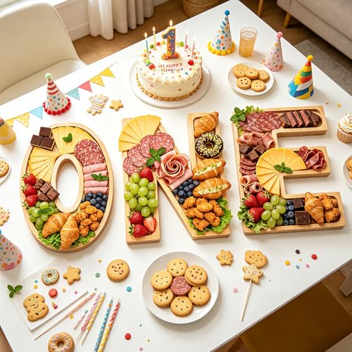 Image of 3PCS One Charcuterie Board Letters-(With 14 Balloons) Fillable Letter Food Serving Tray for Party Desserts Container Fruit Platter,Suitable for first birthdays, one-year anniversaries