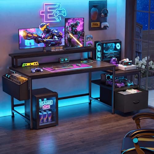 Image of EnHomee 56.5 inch Office Desk with Drawers & Printer Space for Home Work,Black | Computer Desk with 3 AC Outlets& 2 USB Ports,40 inch*7 inch Long Monitor Stand,Side Pockets with Storage Space,Home Office,Bedroom