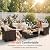 Wisteria Lane 4 Piece Patio Furniture Set, Wicker Outdoor Patio Conversation Furniture Set, All Weather Outdoor Patio Sofa with Cushion and Wood Table, Beige Wood