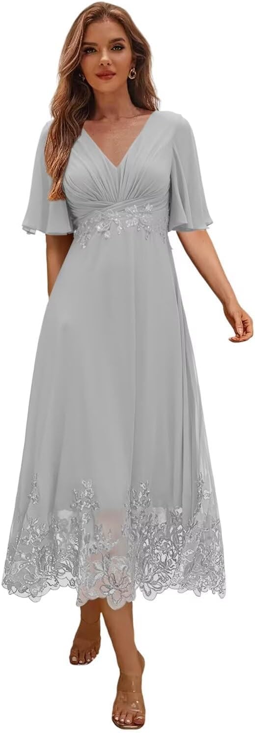 Mother of The Bride Dresses for Women - Tea Length Lace Beaded Formal Evening Dress with Sleeves