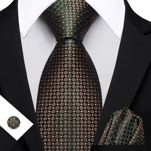 Image of YOHOWA Men Plaid /Striped Ties Set Silk Business Wedding Formal Fashion Necktie and Pocket Square Cufflinks Set
