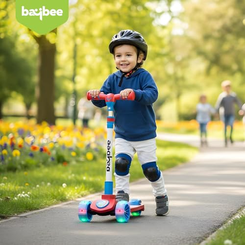 Image of Baybee Kitty Kick Scooter for Kids | Foldable Kid Scooter with 4 Height Adjustable Handle & Brake | Skate Scooters with LED PU Wheels | Runner Scooters for Kids 3 to 10 Years Boys Girls (Red /Blue)