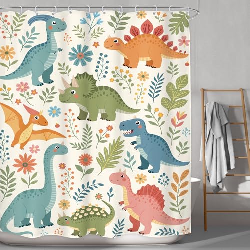 Image of Funny Dinosaur Kids Cute Green Plant Colorful Bathroom Shower Curtain Set | 60Wx71H Wildflowers Leaf Bathroom Curtain,Waterproof Polyester Fabric HD Print Bathroom Decor with 12 Hooks