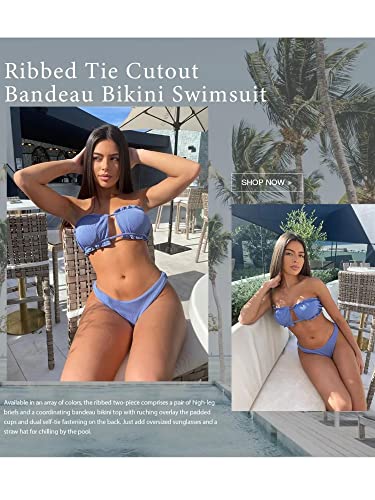 Zaful Women's Bikini Set, Off Shoulder Bandeau With Drawstring And Ruffles, High Cut, Plain Swimwear (1-Silk Blue, S) #TOP3