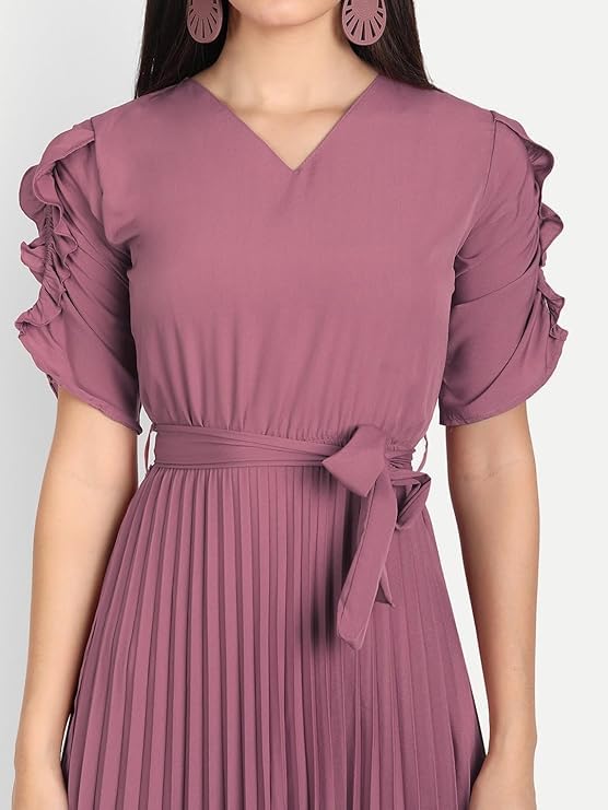 Image of KUDUZO Women's Crepe Mauve Color V Neck Designer Short Sleeve Knee Length Pleated Dress Size S to XL (5H-1D5M-YD5L)