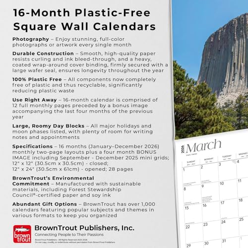 Wyoming Wild & Scenic | 2026 12 x 24 Inch (Hanging) Monthly Square Wall Calendar | Plastic-Free | BrownTrout | Yellowstone Grand Teton - image 3