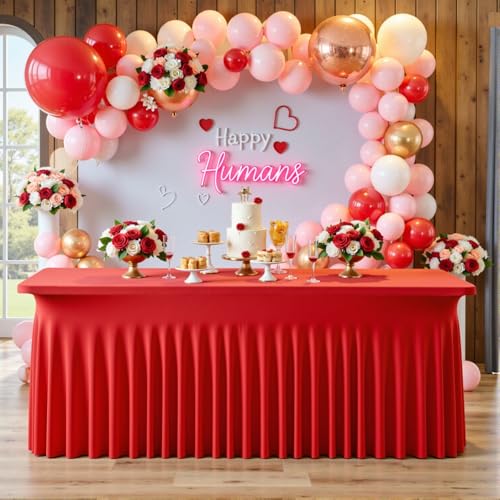 Image of 4 pk Red Spandex Tablecloth 6ft with Ruffle Skirt,Wrinkle Free High Stretchy Fitted Tablecloths for 6 Foot Rectangle Tables,Pleated Spandex Table Covers 6ft for Christmas Parties Banquet Weddings
