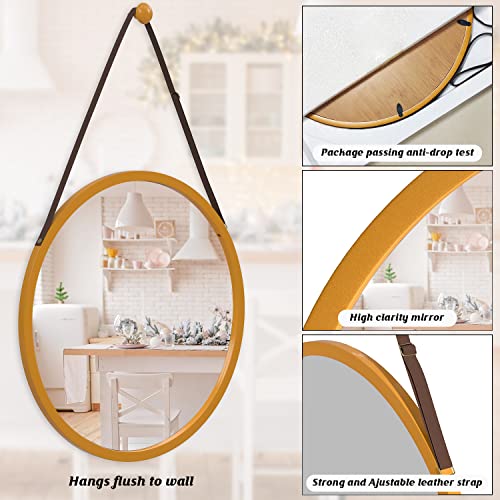 Zri Bamboo Gold Round Mirror On Wall - 15 Inch Circle Wood Frame With Hanging Adjustable Leather Strap For Entryway, Bedroom And Bathroom #TOP6