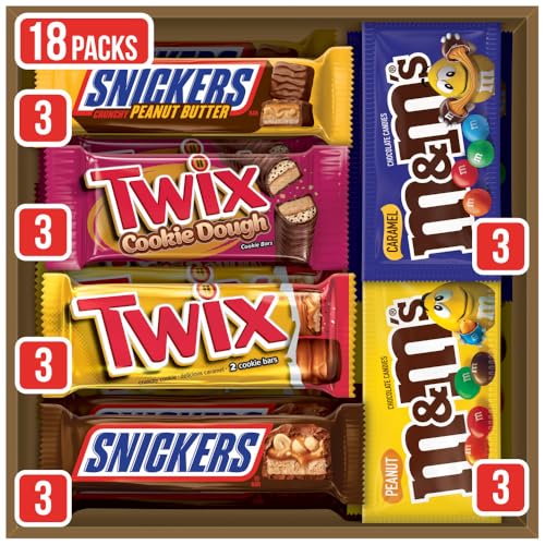 M&M'S Peanut, M&M'S Caramel, SNICKERS Original, SNICKERS Peanut Butter Squared, TWIX Original and Cookie Dough Halloween Variety Pack Full Size Individually Wrapped Milk Chocolate Candy Bars, 18 Ct