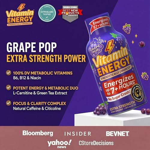 Image of Vitamin Energy Grape Pop Extra Strength Energy Shot, 48 Pack - Up to 7 Hrs, 260mg Natural Caffeine, Zero Sugar - Green Tea Extract, Immune Support, B12 B6 Niacin, 1.93 fl oz, Keto Vegan