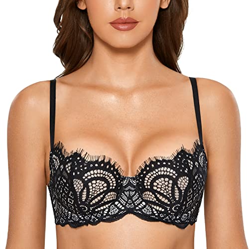 DOBREVA Women's Lace Balconette Push Up Plus Size Unlined Underwire Sheer Sexy Bra Black 32D