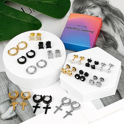 ONESING 21 Pairs Stainless Steel Earrings for Men Studs Earrings Cross Dangle Hinged Earrings Hoop CZ Stud Hypoallergenic Mens Earrings Set Ear Piercing Jewelry Black/Silver/Gold4