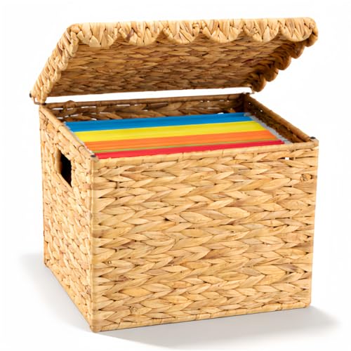 Image of Jingmore File Organizer Box with Scalloped Lid, Water Hyacinth, Brown | Portable Storage Box Collapsible Letter Hanging Filing Organizer Basket for Office /home, Woven Wicker Decorative Document Box