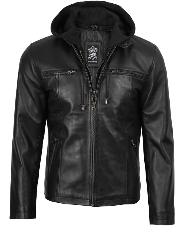 Image of Decrum Hooded Leather Jacket Men | Real Lambskin Leather, Detachable Hood, Zip Closure, Multiple Pockets, Polyester Lining