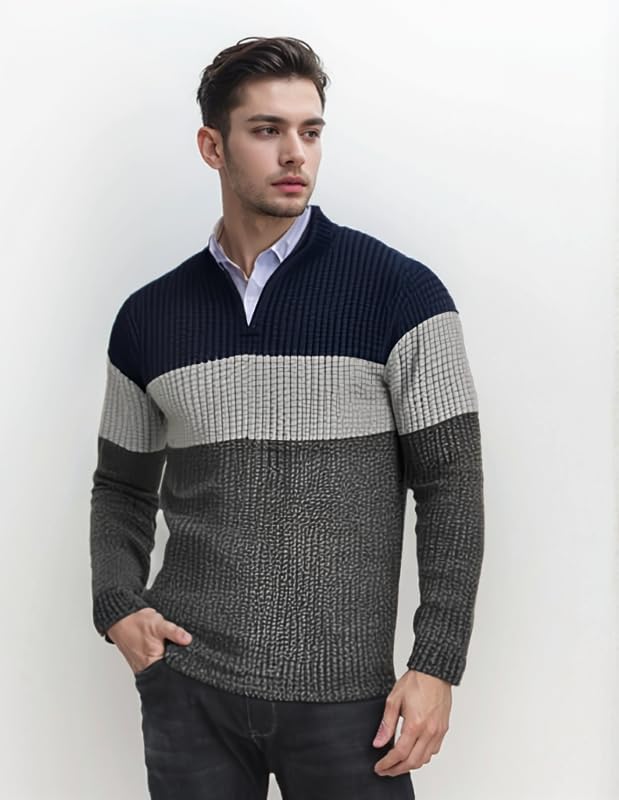 Mens Fashionable Knit Pullover Sweater with 1/4 Zipper Neck3