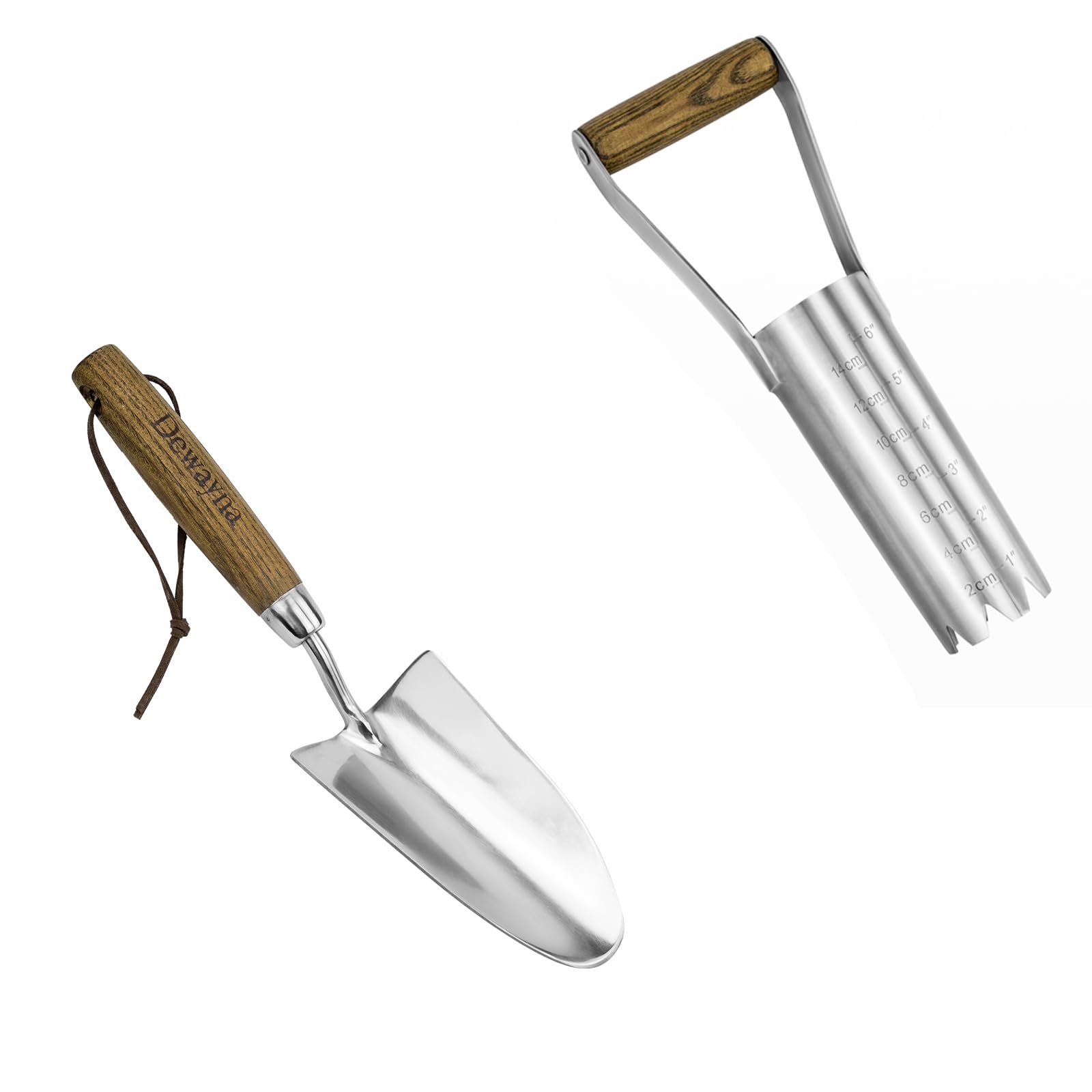Dewayna Garden Trowel, 6 Inches Depth Mark Hand Bulb Planter, Non-Bending Stainless Steel Bulb Planter Digger, Garden Bulb Transplanter with Comfortable Grip Wooden Handle