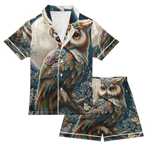 ALAZA Magical Owl Moon Flower Blossom Satin Pajamas Set Short Sleeve Button Down Sleepwear Summer Pjs 2 Piece