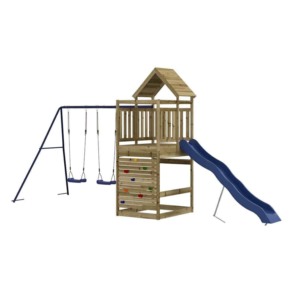 Aire de Jeu en Bois de pin imprégné pour extérieur Jardin avec Tour, balançoire Double, Toboggan ondulé, cabane et bac à Sable pour Enfants de 3 à 8 Ans, Structure Robuste et Stable