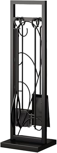 Lizh Metalwork - Juego de 5 herramientas para chimenea de acero negro, kit de accesorios para horno, herramientas para chimenea, incluye póster,